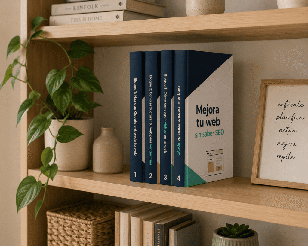 Guía Mejora tu web en una estantería con otros libros. 