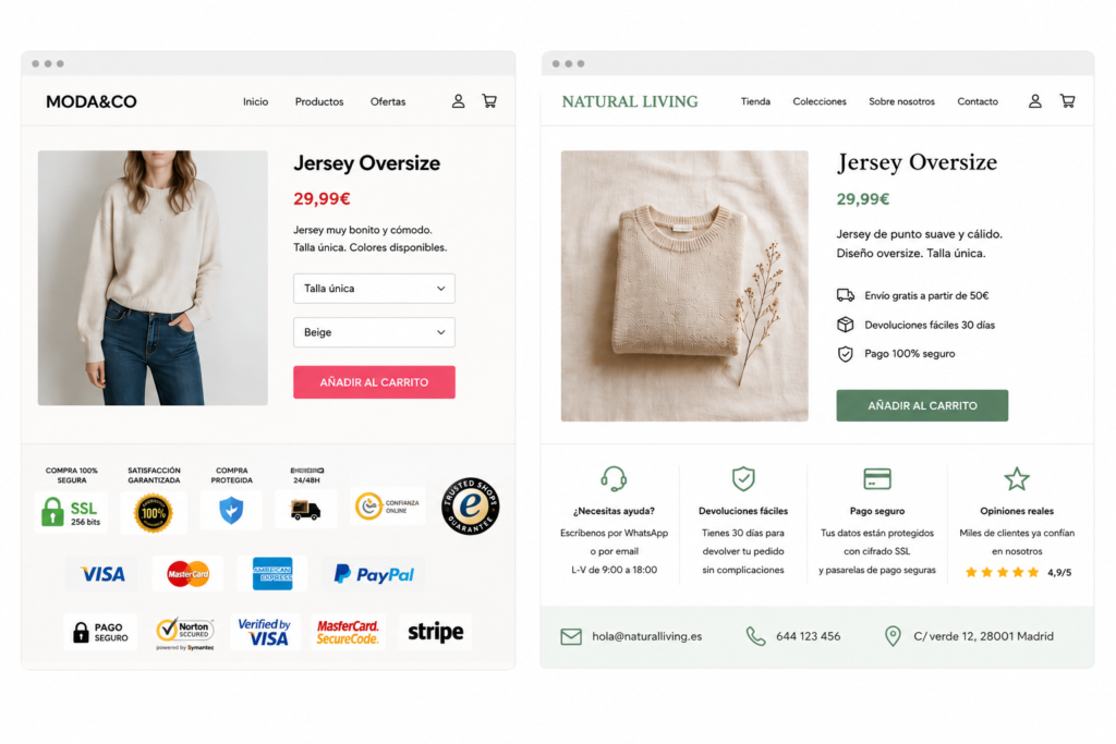Ejemplo de una web con muchos sellos pero sin otras señales de confianza y otra web con señales de confianza (página de contacto, apartado de ayuda, devoluciones, pago seguro, reseñas...) sin sellos de confianza.