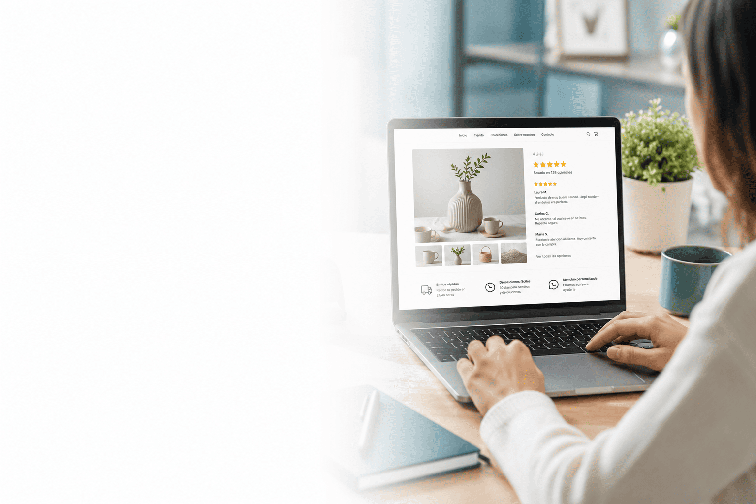 Mujer con ordenador viendo un producto de un ecommerce buscando las reseñas.